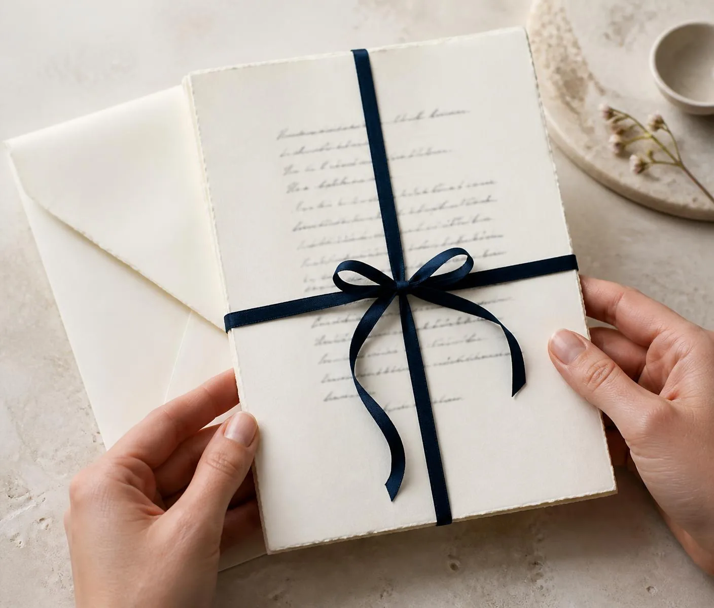 A finished handwritten poem being wrapped for presentation
